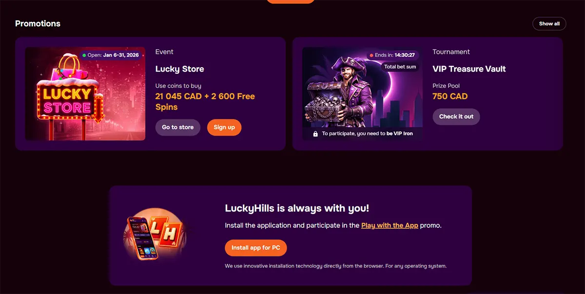 Casino promotions page featuring a Lucky Store event, a VIP Treasure Vault tournament with a 750 CAD prize pool, and a Lucky Hills app installation banner on a dark purple background.