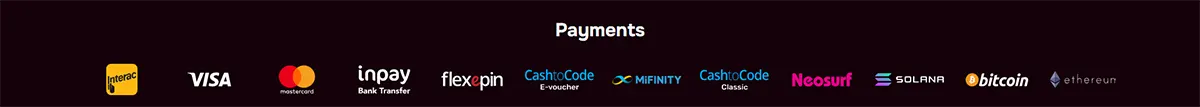 Payments section showing Interac, Visa, Mastercard, Inpay bank transfer, flexepin, CashtoCode, MiFinity, Neosurf, Solana, Bitcoin, and Ethereum logos on a dark background.
